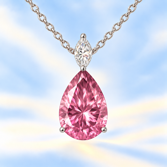 Romantic 12×8mm pear-cut Pink Amethyst pendant with marquise Moissanite accent in white-gold-plated 925 silver. Elegant and hypoallergenic. Now at BSI Jewelry.