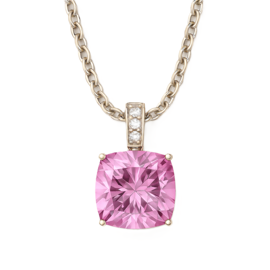 Moissanite and pink amethyst pendant with a 6 mm cushion-cut gemstone in white gold-plated 925 silver. Soft and elegant. Available now at BSI Jewelry.