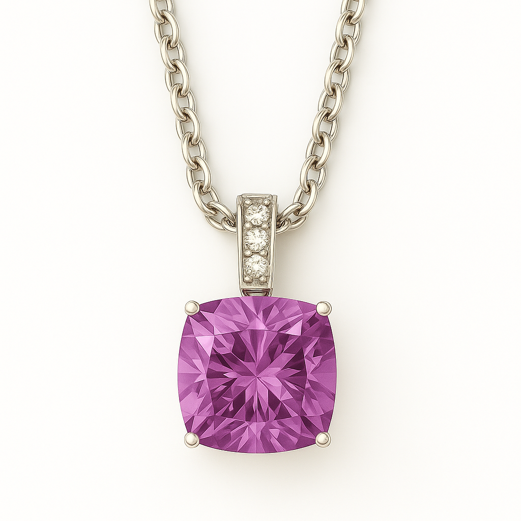 Charming pink amethyst cushion pendant accented with Moissanite in 925 silver. 8mm gem, hypoallergenic, and feminine elegance. Available now at BSI Jewelry.