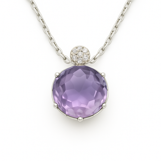 Charming pink amethyst cabochon pendant accented with Moissanite in 925 silver. 9 mm gem, hypoallergenic design and timeless elegance. Now at BSI Jewelry.