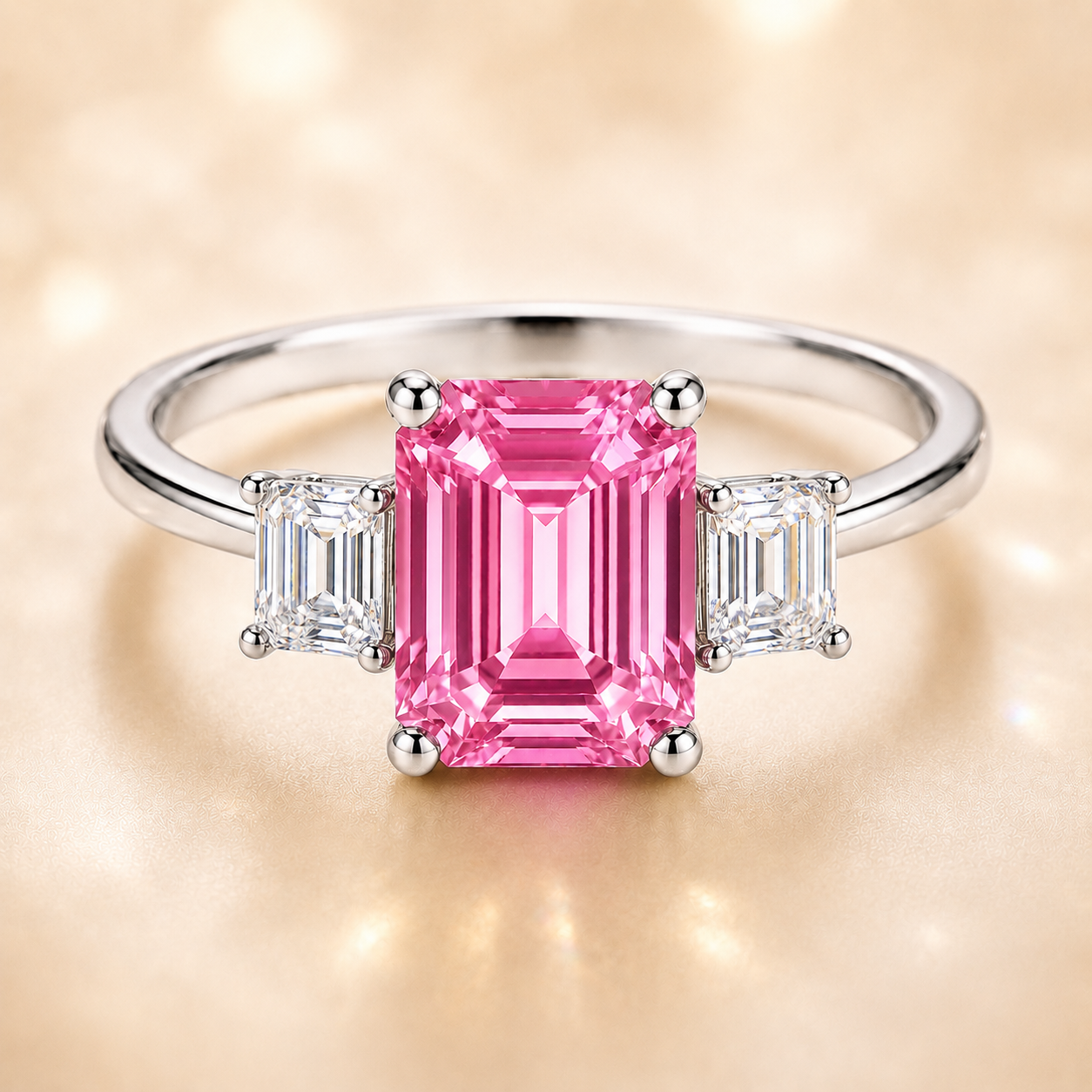 7×5 mm emerald-cut pink sapphire ring with baguette Moissanite accents, crafted in white-gold-plated 925 silver. Romantic and elegance. Available at BSI Jewelry.