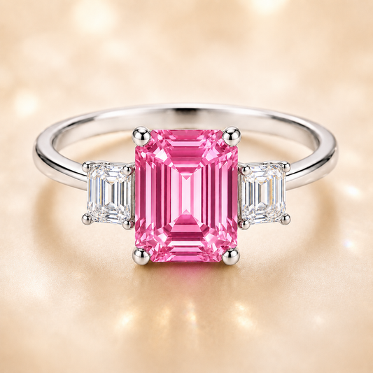 7×5 mm emerald-cut pink sapphire ring with baguette Moissanite accents, crafted in white-gold-plated 925 silver. Romantic and elegance. Available at BSI Jewelry.