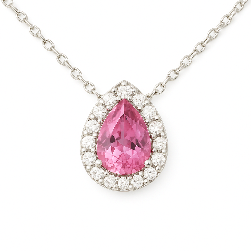 Elegant 7×5 mm pink sapphire halo necklace accented with Moissanite, crafted in white gold-plated 925 silver and palladium alloy. Available now at BSI Jewelry.