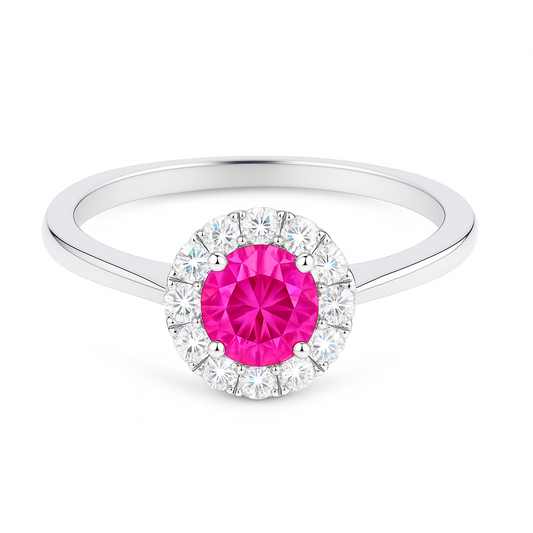 4.3 mm pink sapphire halo ring with white Moissanite in white gold-plated hypoallergenic 925 silver. Elegant and brilliant sparkle. Available now at BSI Jewelry.