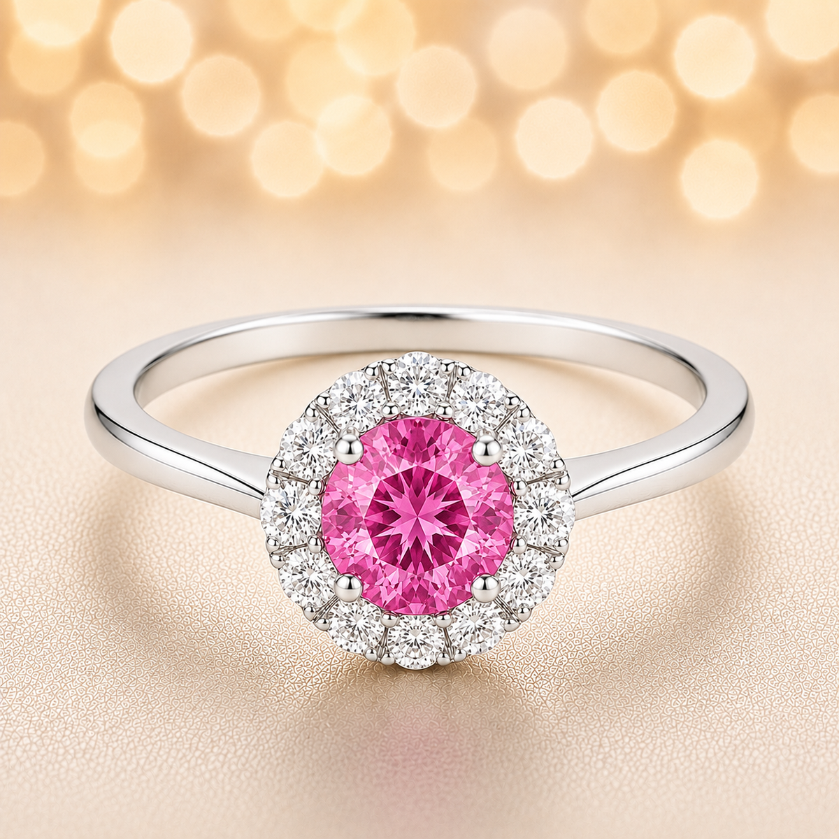 4.3 mm pink sapphire halo ring with white Moissanite in white gold-plated hypoallergenic 925 silver. Elegant and brilliant sparkle. Available now at BSI Jewelry.