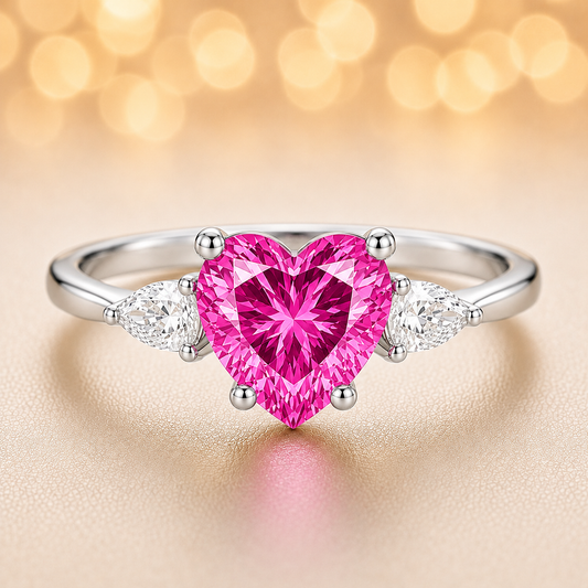 6 mm heart-cut pink sapphire ring with pear-shaped Moissanite accents, set in white-gold-plated 925 silver. Romantic and charming. Available now at BSI Jewelry.