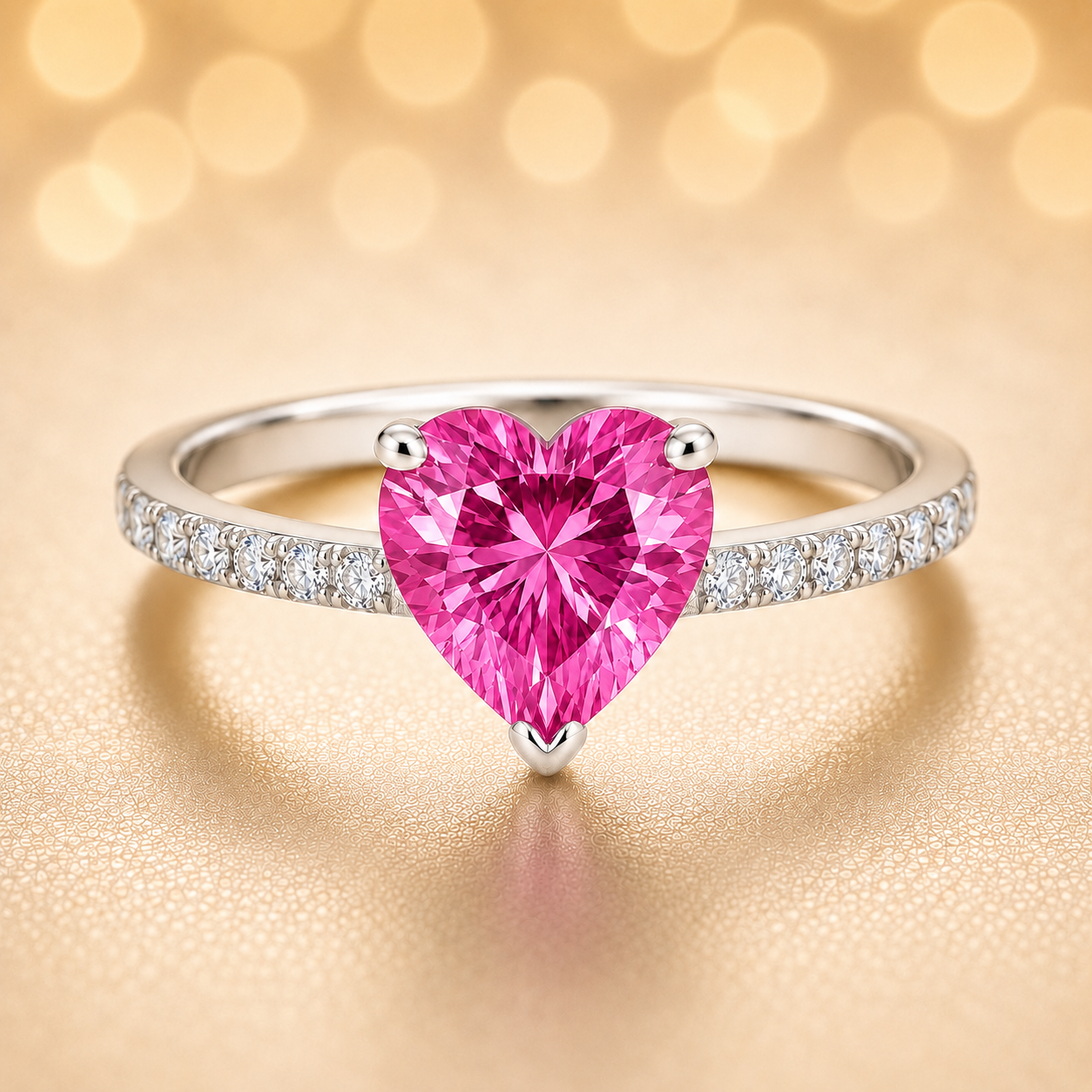 6mm heart-cut Pink Sapphire ring with Moissanite accents in white-gold-plated 925 silver. Romantic, finely crafted, and hypoallergenic. Available at BSI Jewelry.
