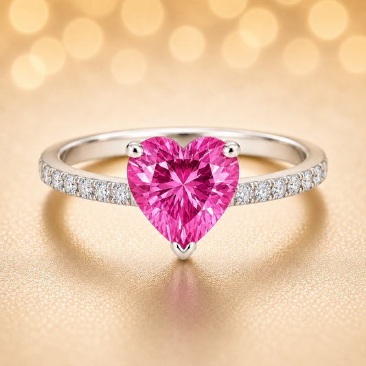6mm heart-cut Pink Sapphire ring with Moissanite accents in white-gold-plated 925 silver. Romantic, finely crafted, and hypoallergenic. Available at BSI Jewelry.
