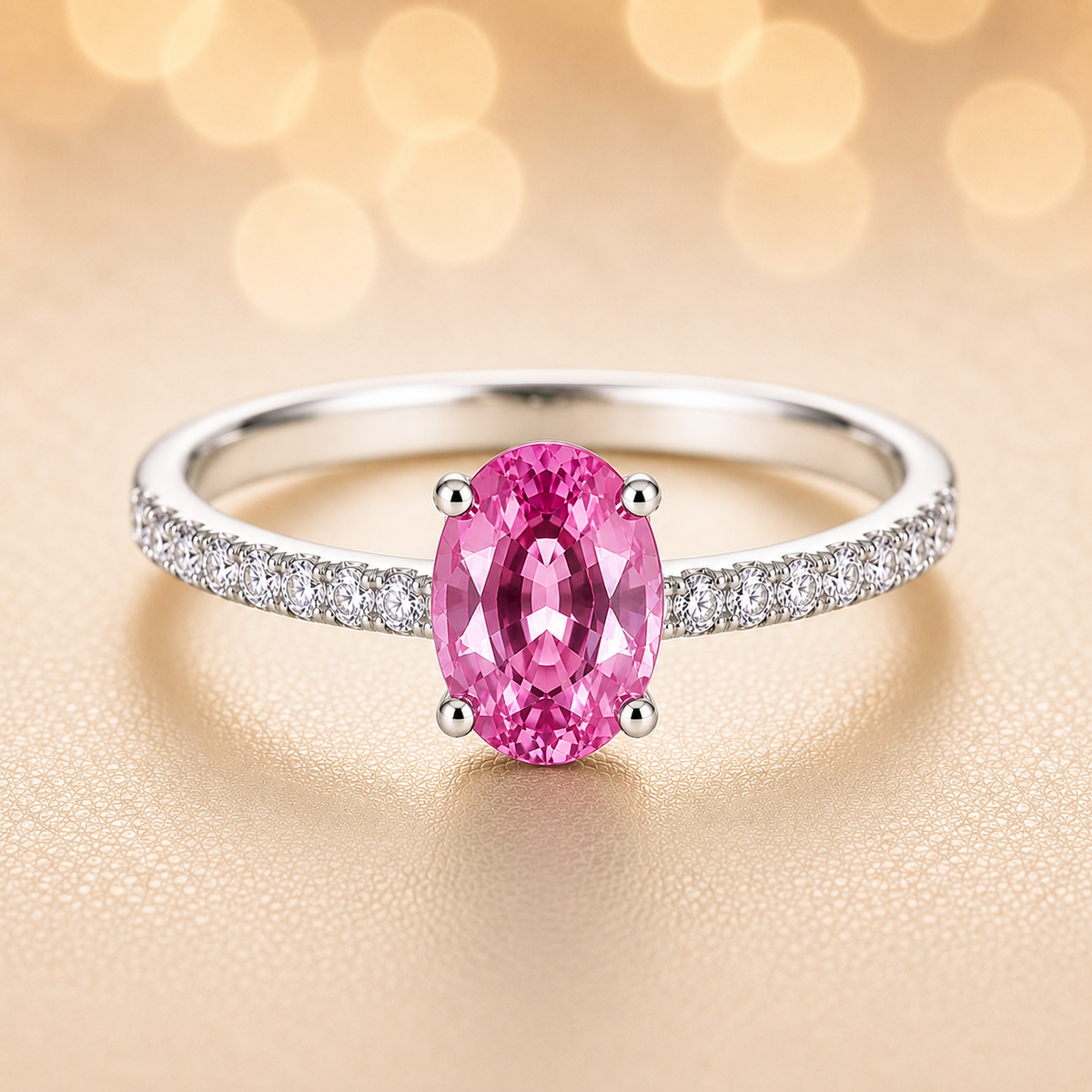 Radiant 7×5 mm pink sapphire oval engagement ring accented with Moissanite, in white gold-plated 925 silver and palladium alloy. Available now at BSI Jewelry.