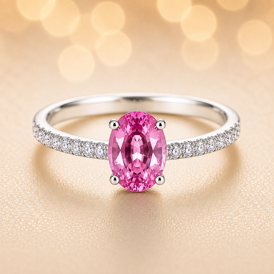 Radiant 7×5 mm pink sapphire oval engagement ring accented with Moissanite, in white gold-plated 925 silver and palladium alloy. Available now at BSI Jewelry.