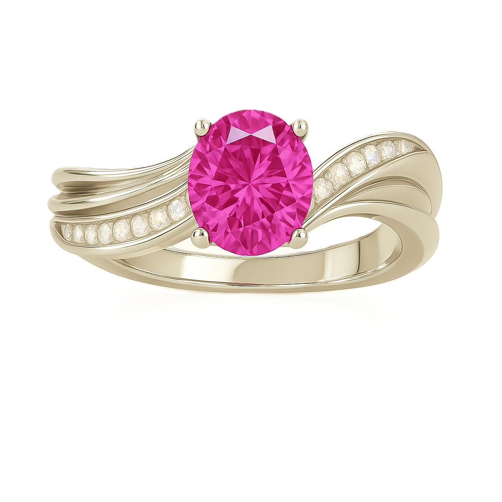 5×4 mm oval-cut pink sapphire ring with Moissanite accents on a wave band in white-gold-plated 925 silver. Graceful and timeless charm. Available at BSI Jewelry.