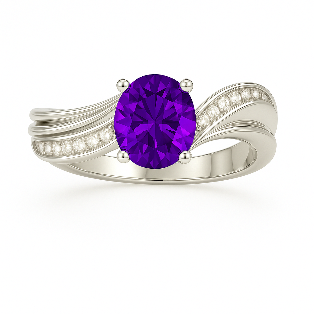 5×4 mm oval-cut purple sapphire ring with Moissanite accents on a wave band in white-gold-plated 925 silver. Graceful and timeless charm. Now at BSI Jewelry.