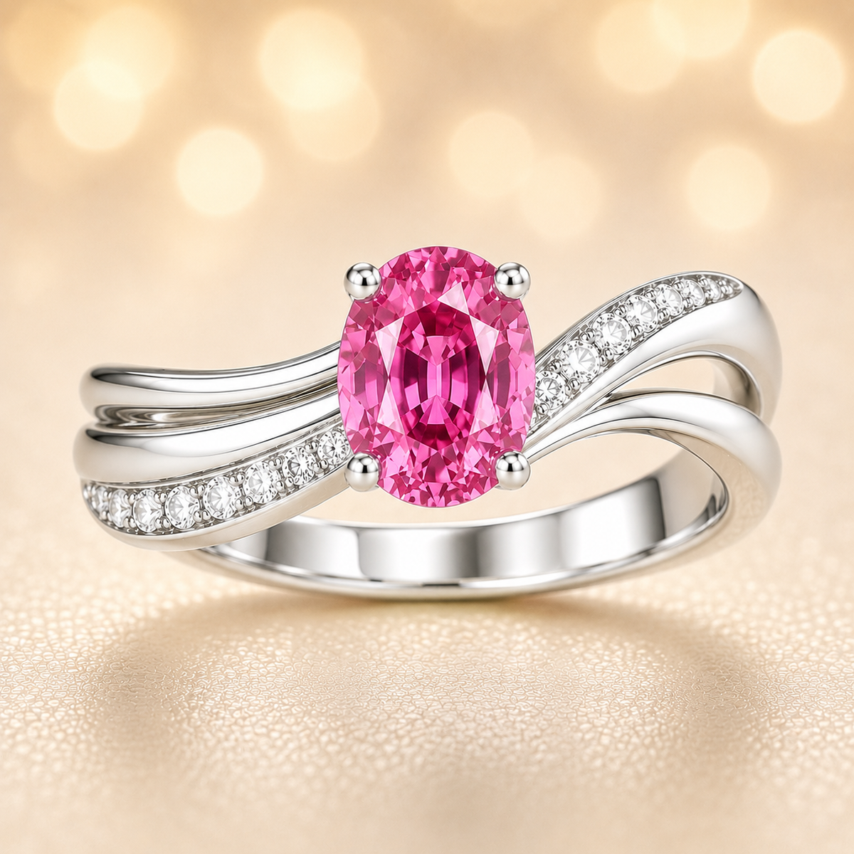 5×4 mm oval-cut pink sapphire ring with Moissanite accents on a wave band in white-gold-plated 925 silver. Graceful and timeless charm. Available at BSI Jewelry.