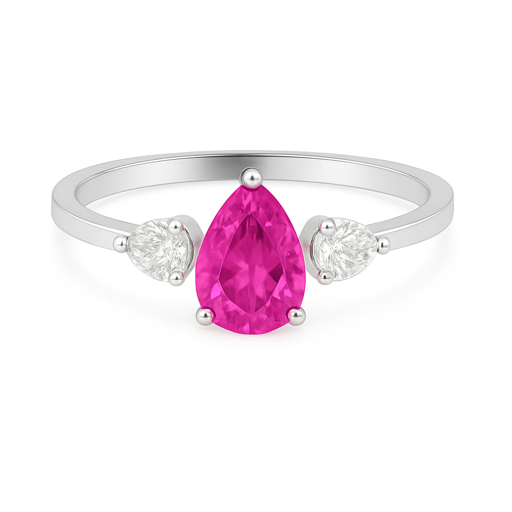 Vivid pear-cut pink sapphire with Moissanite side stones in white-gold-plated 925 silver. Romantic brilliance and timeless design. Available now at BSI Jewelry.