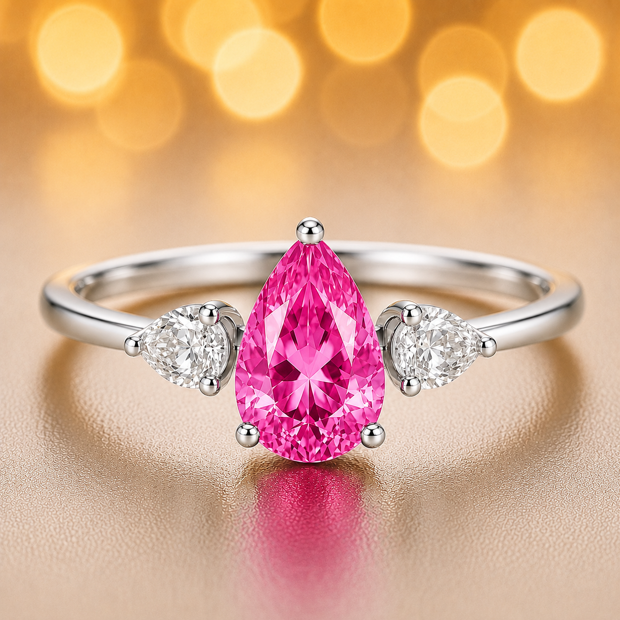 Vivid pear-cut pink sapphire with Moissanite side stones in white-gold-plated 925 silver. Romantic brilliance and timeless design. Available now at BSI Jewelry.