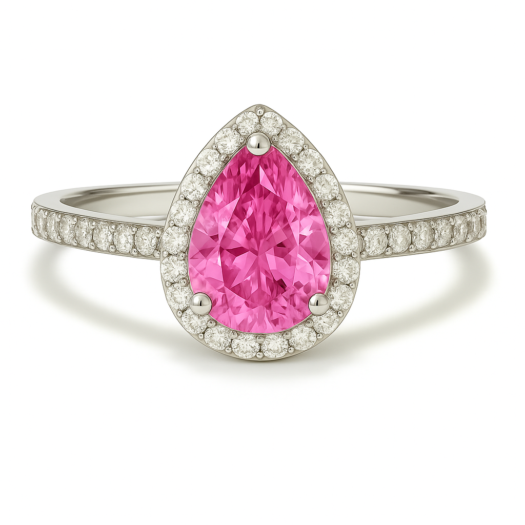 7×5 mm pear-cut pink sapphire ring with Moissanite halo in white-gold-plated 925 silver. Elegant brilliance and romantic charm. Available now at BSI Jewelry.