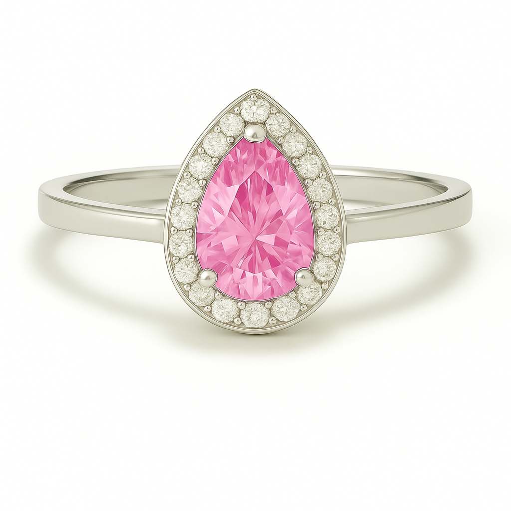 7×5 mm pear-cut pink sapphire ring with Moissanite halo in white-gold-plated 925 silver. Romantic brilliance and timeless elegance. Available now at BSI Jewelry.