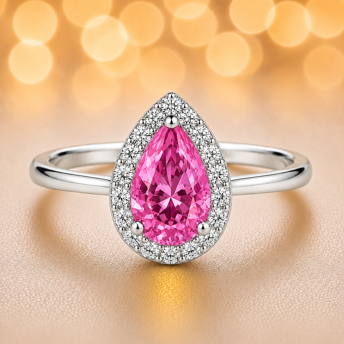 7×5 mm pear-cut pink sapphire ring with Moissanite halo in white-gold-plated 925 silver. Romantic brilliance and timeless elegance. Available now at BSI Jewelry.