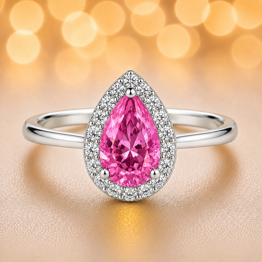 7×5 mm pear-cut pink sapphire ring with Moissanite halo in white-gold-plated 925 silver. Romantic brilliance and timeless elegance. Available now at BSI Jewelry.