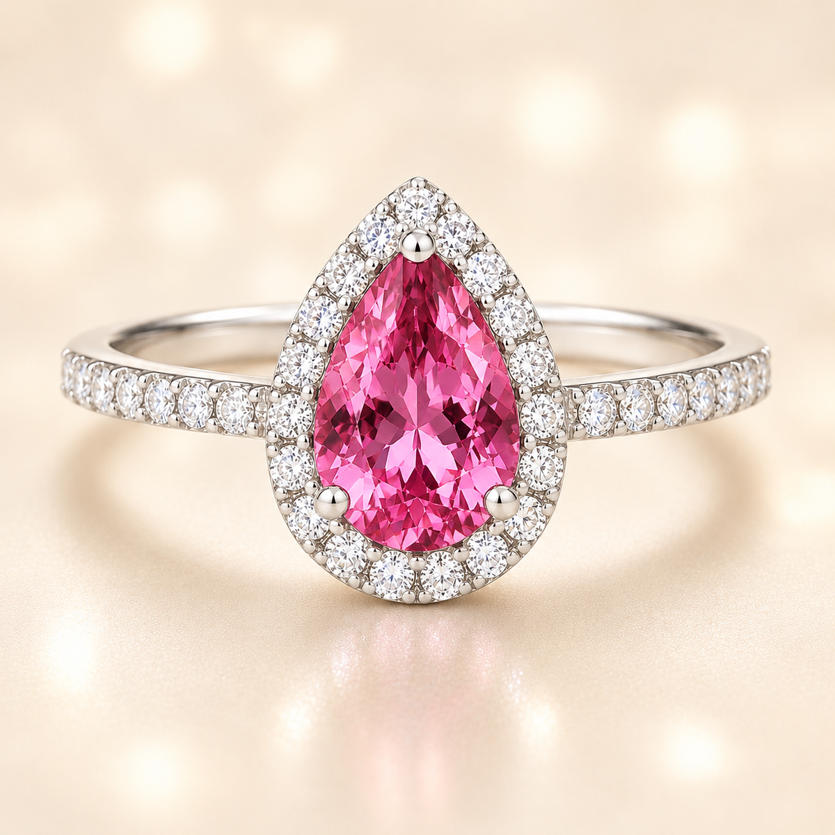 7×5 mm pear-cut pink sapphire ring with Moissanite halo in white-gold-plated 925 silver. Elegant brilliance and romantic charm. Available now at BSI Jewelry.