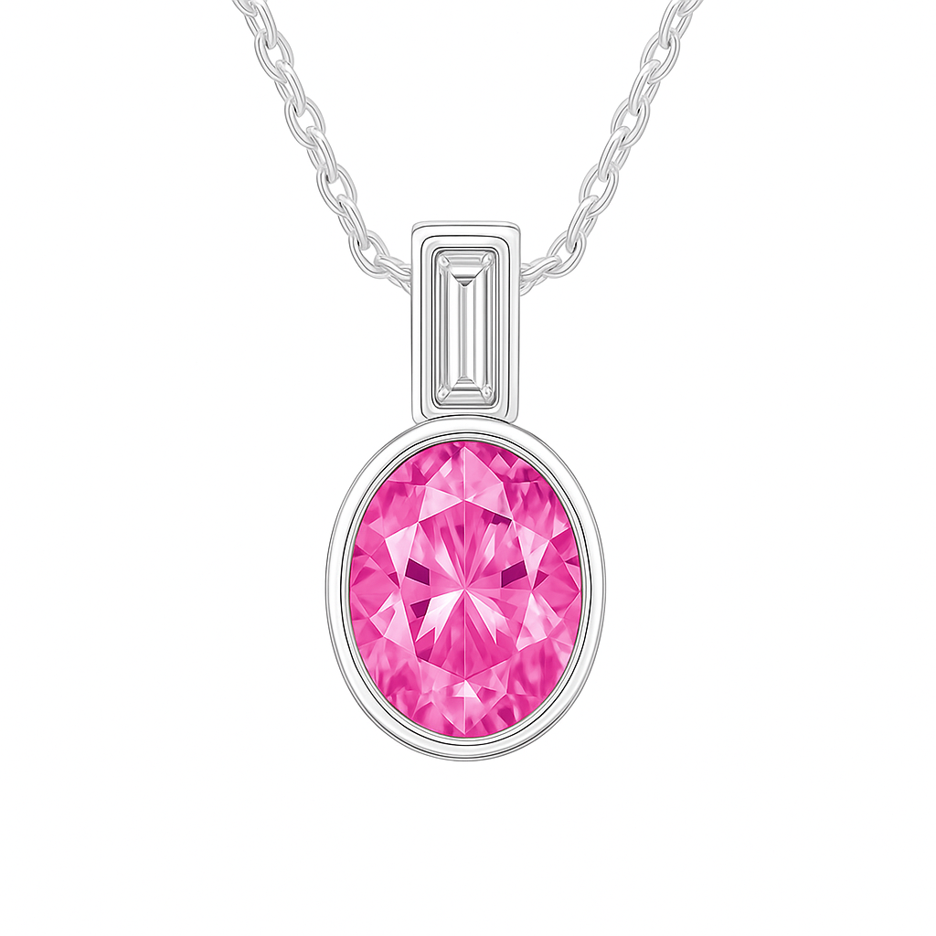 Elegant 7×5 mm Pink Sapphire pendant in white-gold-plated 925 silver, highlighted with a Moissanite accent for refined sparkle. Available now at BSI Jewelry.