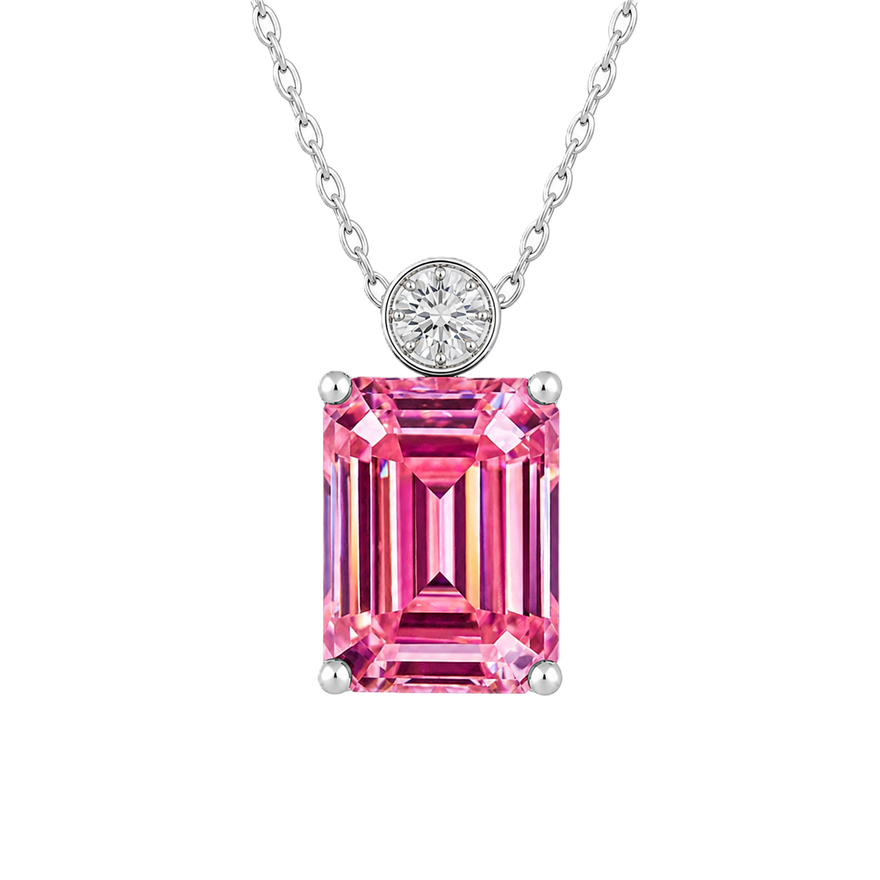 Pink sapphire & Moissanite pendant with 7×5 mm emerald-cut stone in white gold-plated 925 silver. Elegant sparkle and hypoallergenic. Available at BSI Jewelry.