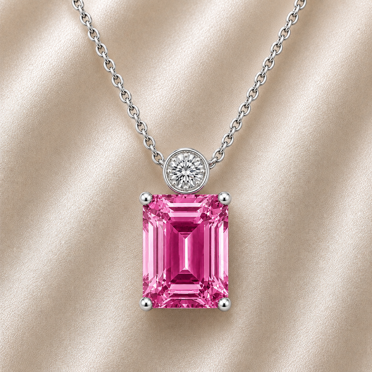 Pink sapphire & Moissanite pendant with 7×5 mm emerald-cut stone in white gold-plated 925 silver. Elegant sparkle and hypoallergenic. Available at BSI Jewelry.