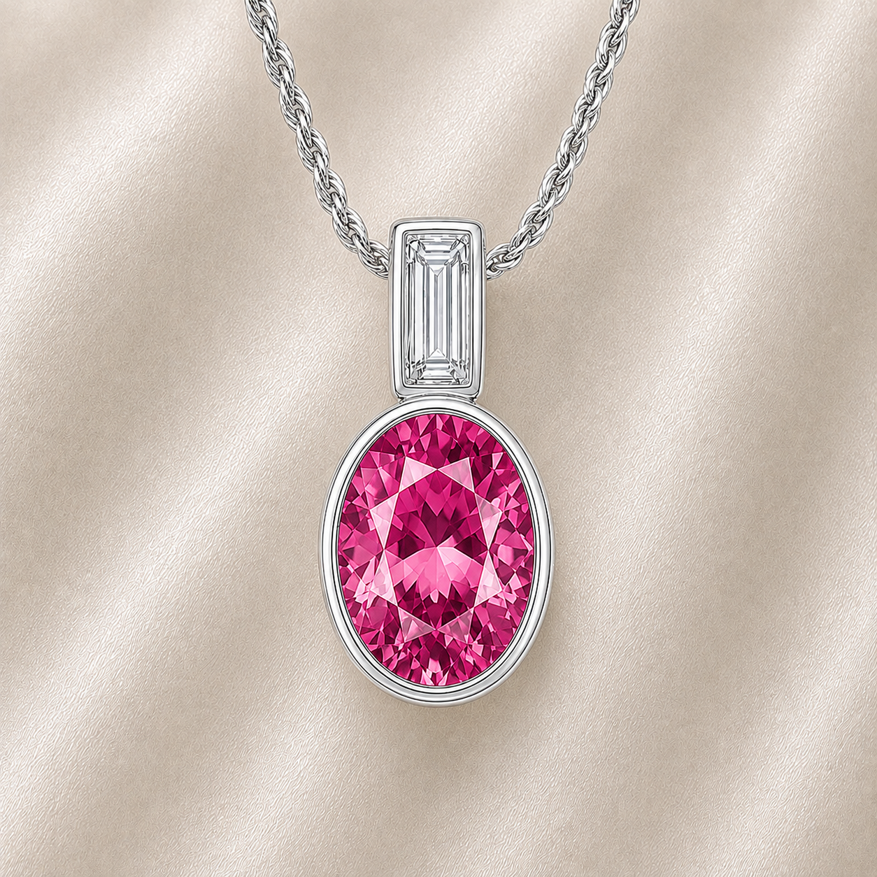 Elegant 7×5 mm Pink Sapphire pendant in white-gold-plated 925 silver, highlighted with a Moissanite accent for refined sparkle. Available now at BSI Jewelry.
