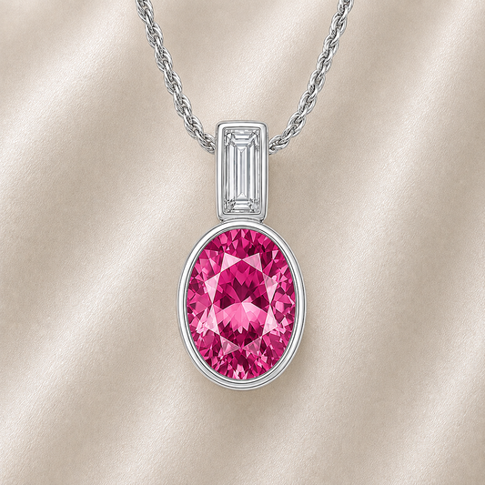 Elegant 7×5 mm Pink Sapphire pendant in white-gold-plated 925 silver, highlighted with a Moissanite accent for refined sparkle. Available now at BSI Jewelry.