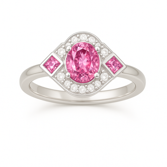 5×4 mm pink sapphire ring with white Moissanite in white gold-plated hypoallergenic 925 silver. Elegant sparkle with soft color. Available now at BSI Jewelry.