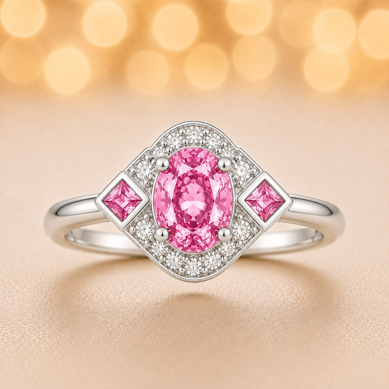 5×4 mm pink sapphire ring with white Moissanite in white gold-plated hypoallergenic 925 silver. Elegant sparkle with soft color. Available now at BSI Jewelry.