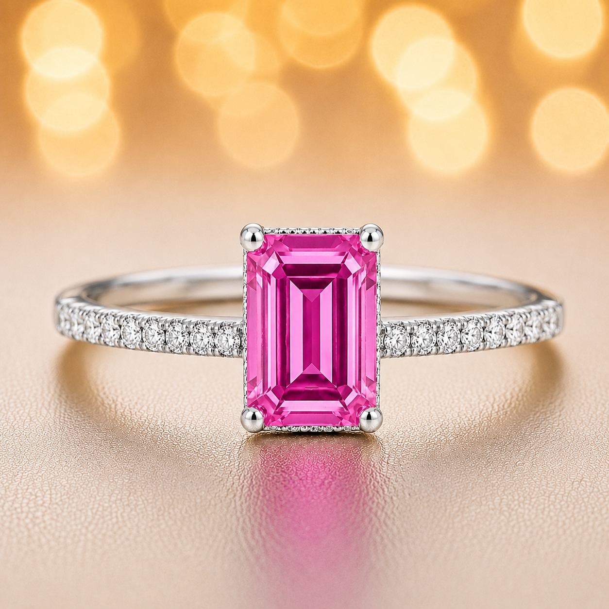 Emerald-cut 7×5 mm pink sapphire ring with Moissanite on white gold-plated 925 silver. Elegant, radiant, and hypoallergenic. Available now at BSI Jewelry.