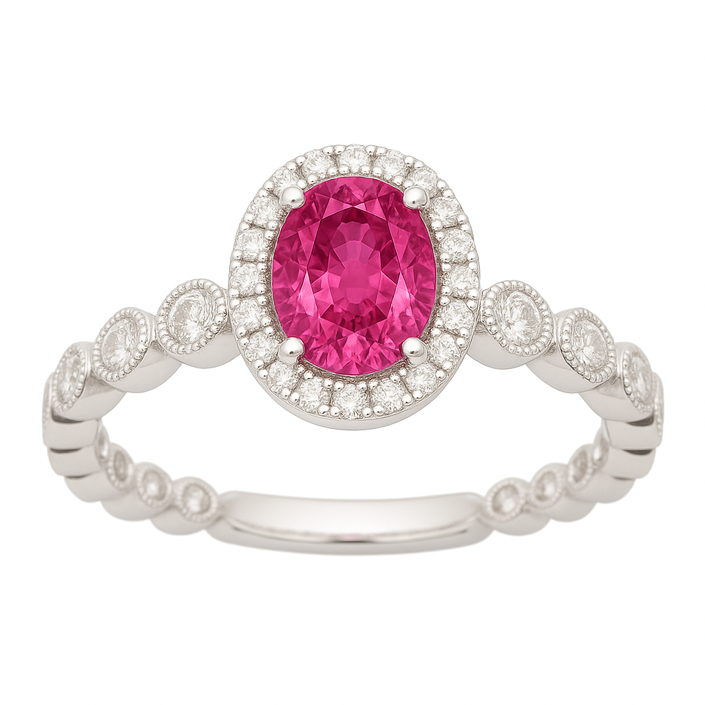 7×5 mm pink sapphire ring with white Moissanite in white gold-plated hypoallergenic 925 silver. Elegant sparkle with soft color. Available now at BSI Jewelry.