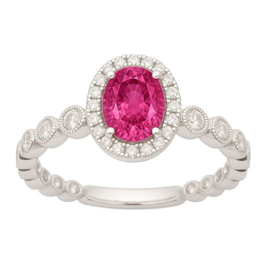 7×5 mm pink sapphire ring with white Moissanite in white gold-plated hypoallergenic 925 silver. Elegant sparkle with soft color. Available now at BSI Jewelry.