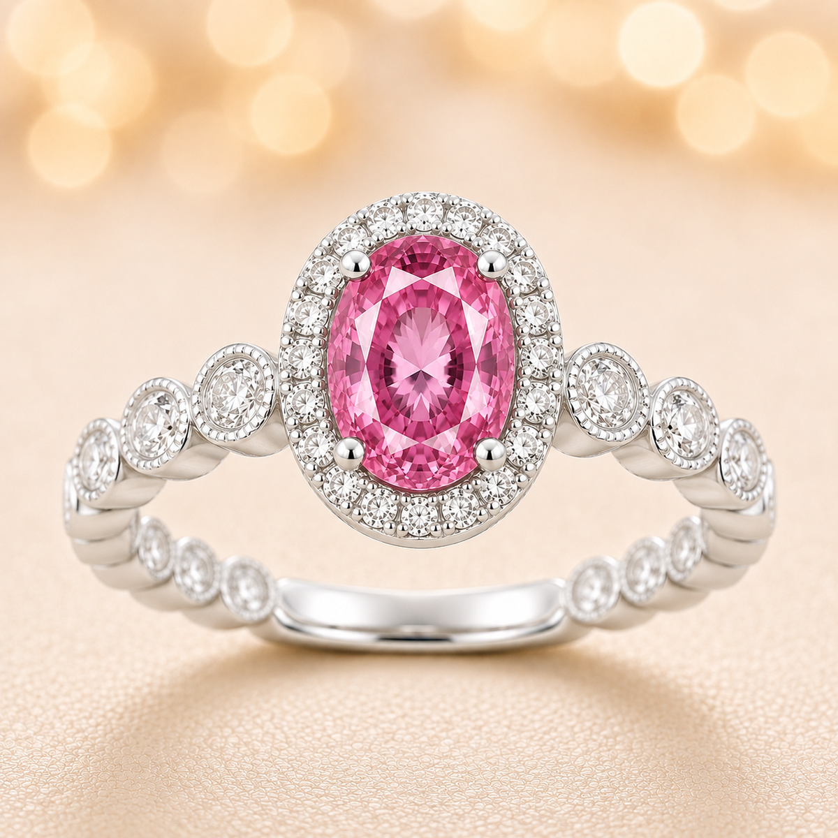 7×5 mm pink sapphire ring with white Moissanite in white gold-plated hypoallergenic 925 silver. Elegant sparkle with soft color. Available now at BSI Jewelry.