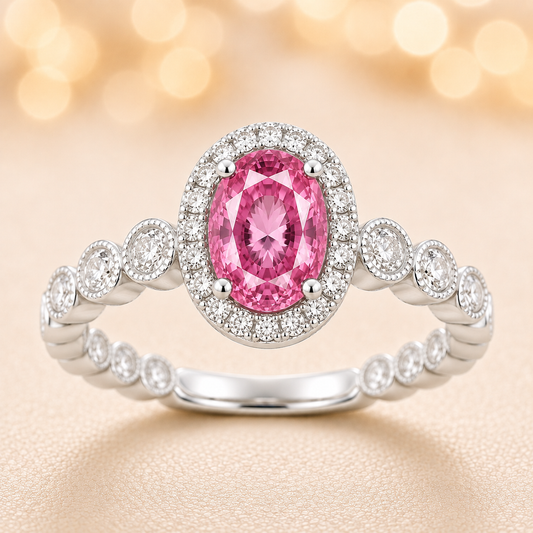 7×5 mm pink sapphire ring with white Moissanite in white gold-plated hypoallergenic 925 silver. Elegant sparkle with soft color. Available now at BSI Jewelry.