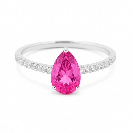 7×5 mm pear pink sapphire ring with Moissanite on white gold-plated 925 silver. Elegant, radiant, and hypoallergenic. Available now at BSI Jewelry.