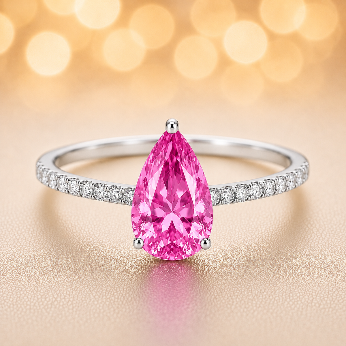 7×5 mm pear pink sapphire ring with Moissanite on white gold-plated 925 silver. Elegant, radiant, and hypoallergenic. Available now at BSI Jewelry.