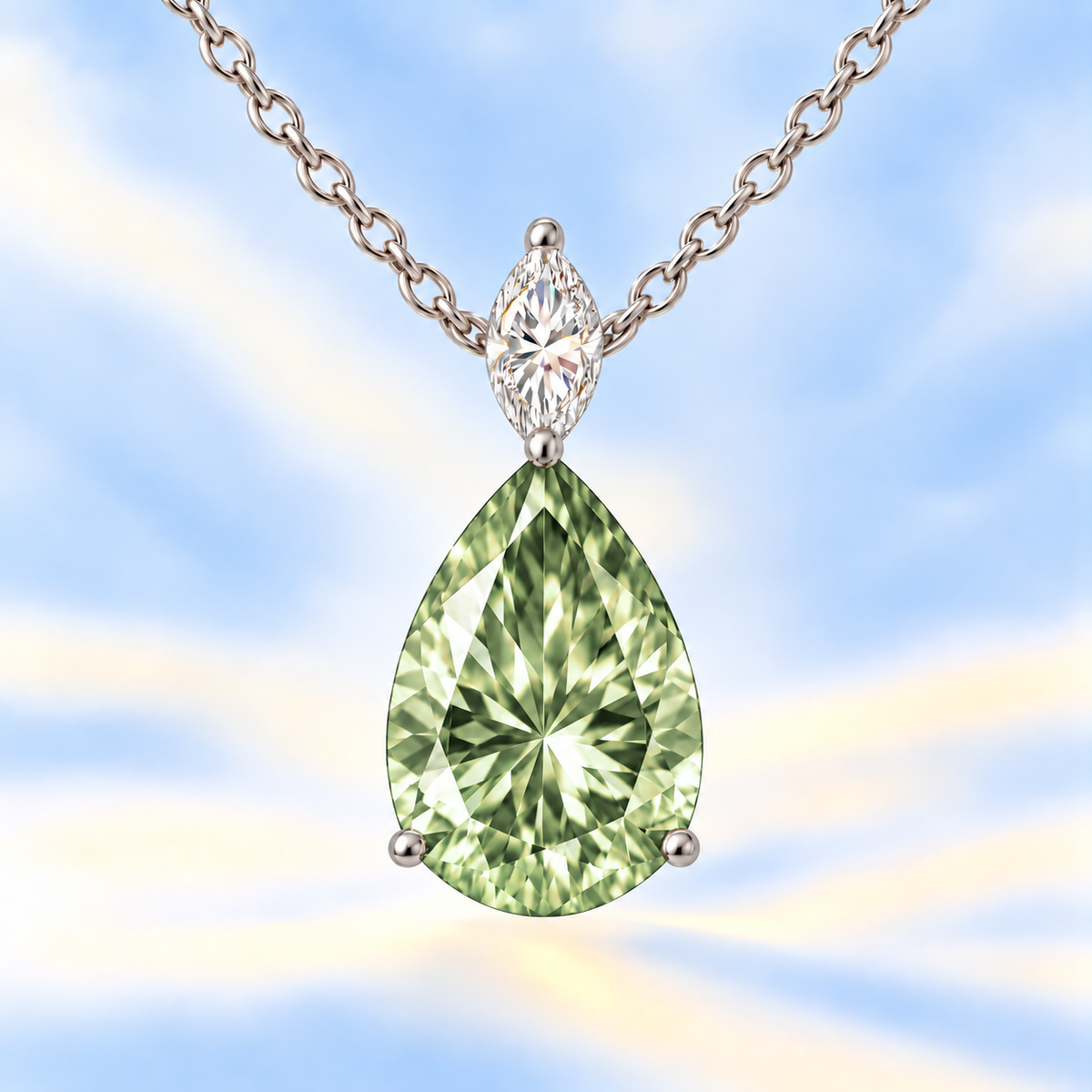 Serene 12×8mm pear-cut Prasolite pendant with marquise Moissanite accent in white-gold-plated 925 silver. Elegant and hypoallergenic. Now at BSI Jewelry.