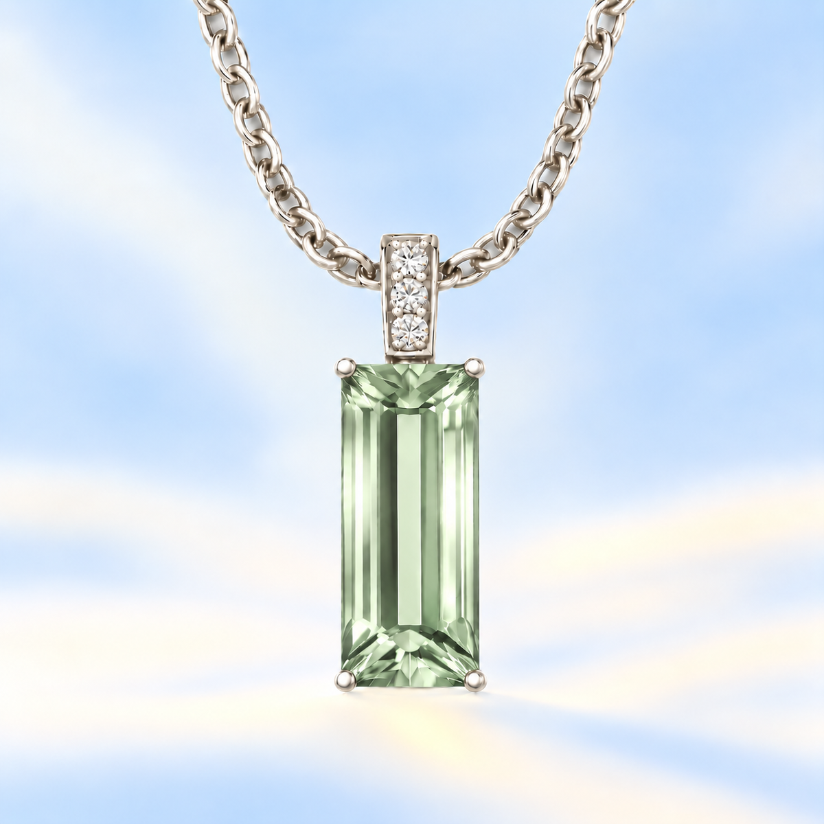 Moissanite and prasolite pendant with a 14 × 6 mm baguette-cut gemstone in white gold-plated 925 silver. Calm and elegant. Available now at BSI Jewelry.