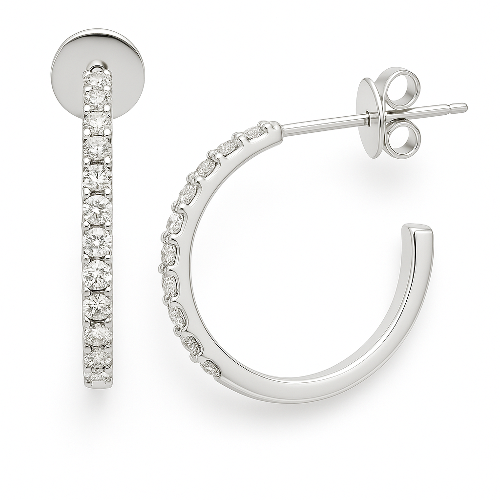 Moissanite prong hoop earrings in 925 silver, lined with brilliant stones for radiant sparkle. A timeless design perfect for any occasion. Now at BSI Jewelry.