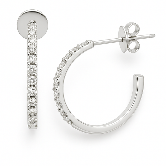 Moissanite prong hoop earrings in 925 silver, lined with brilliant stones for radiant sparkle. A timeless design perfect for any occasion. Now at BSI Jewelry.