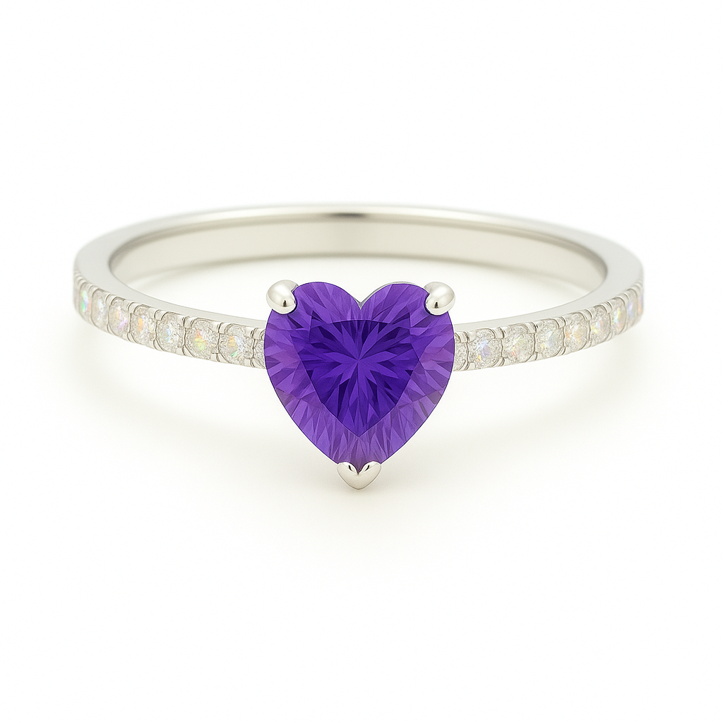 6mm heart-cut Purple Sapphire ring with Moissanite accents in white-gold-plated 925 silver. Romantic, timeless, and hypoallergenic. Available now at BSI Jewelry.