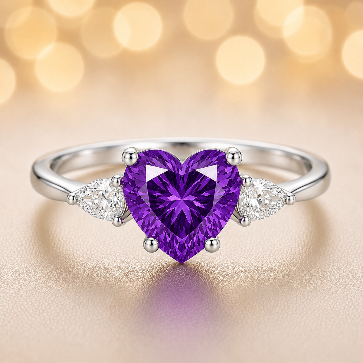 6 mm heart-cut purple sapphire ring with pear-shaped Moissanite accents, set in white-gold-plated 925 silver. Romantic and charming. Available now at BSI Jewelry.