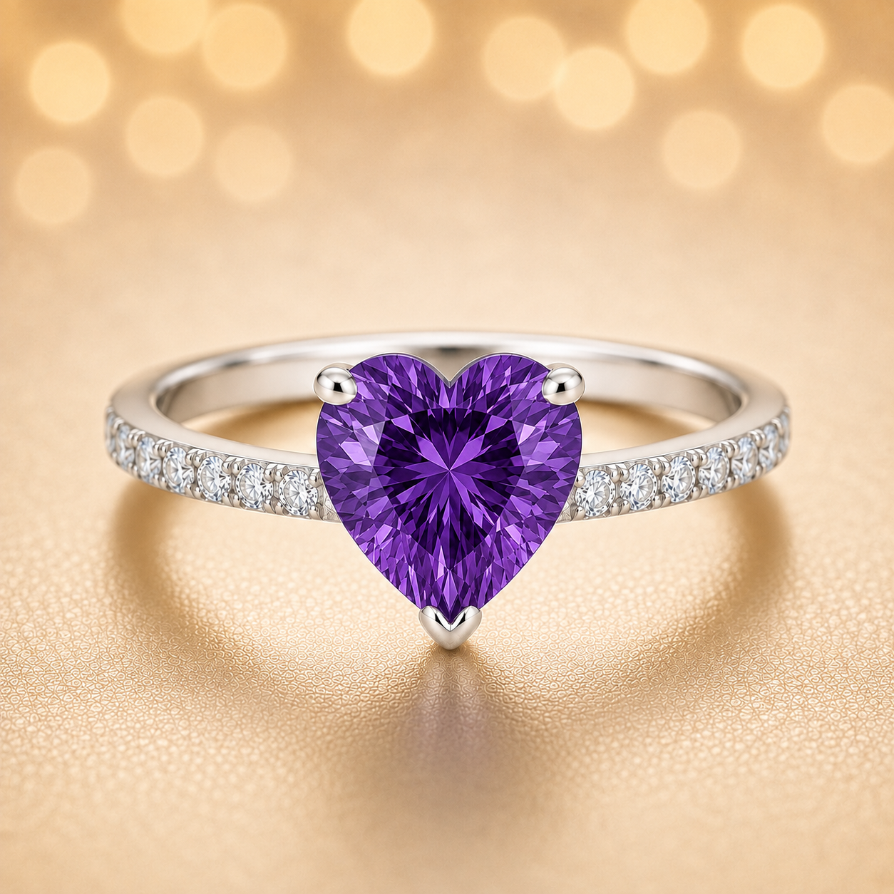 6mm heart-cut Purple Sapphire ring with Moissanite accents in white-gold-plated 925 silver. Romantic, timeless, and hypoallergenic. Available now at BSI Jewelry.