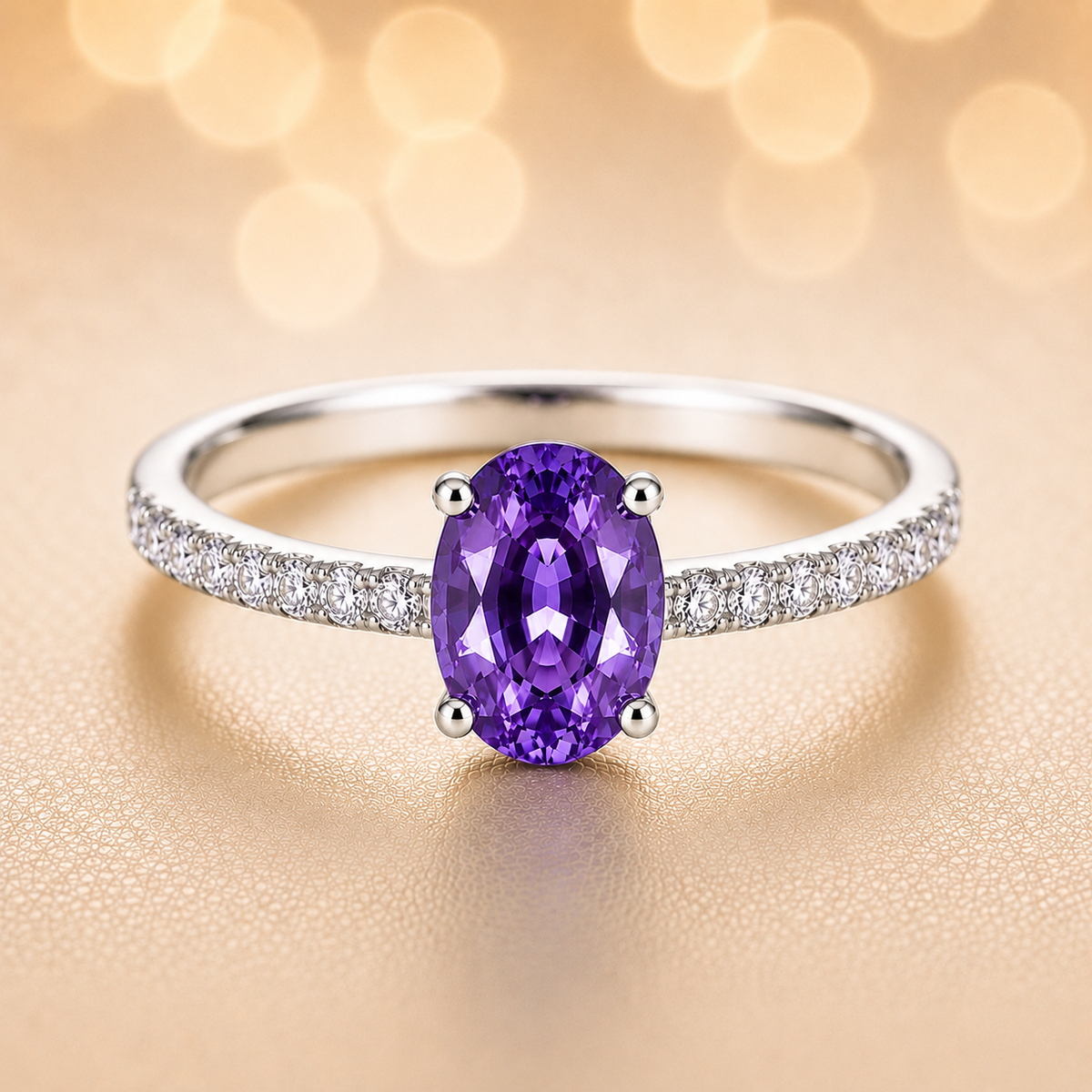 Radiant 7×5 mm purple sapphire oval engagement ring accented with Moissanite, in white gold-plated 925 silver and palladium alloy. Available now at BSI Jewelry.