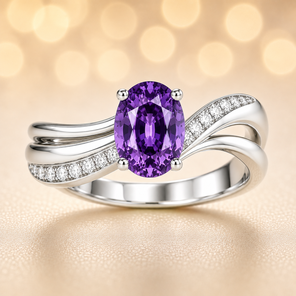 5×4 mm oval-cut purple sapphire ring with Moissanite accents on a wave band in white-gold-plated 925 silver. Graceful and timeless charm. Now at BSI Jewelry.