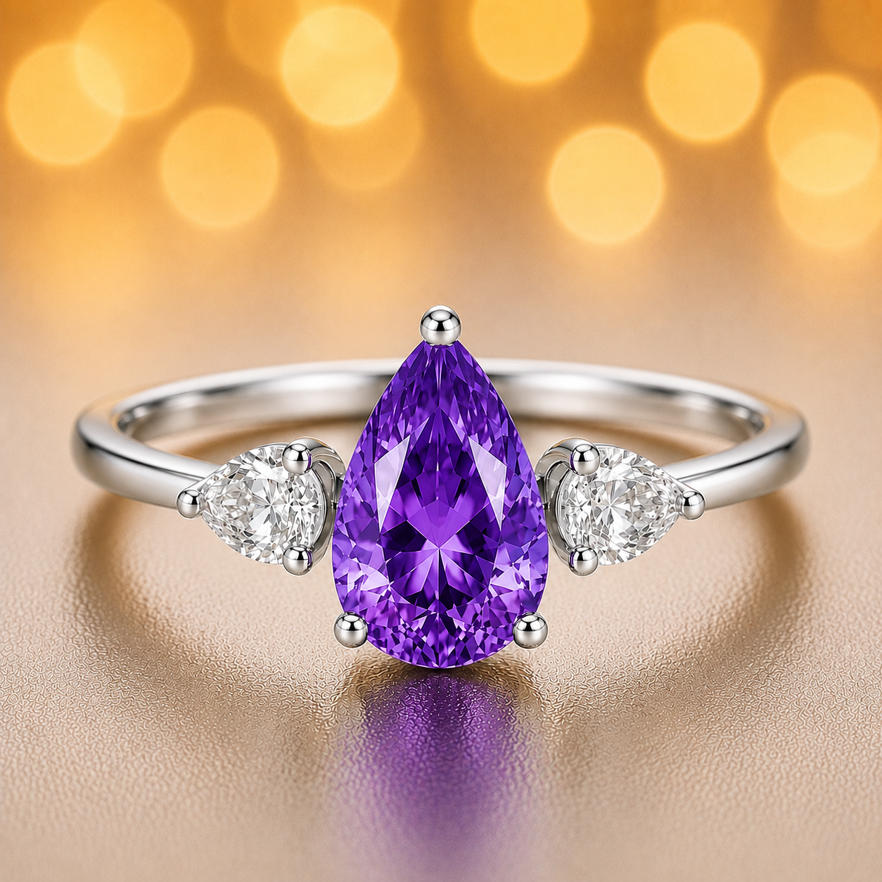 Pear-cut purple sapphire ring accented with Moissanite side stones in white-gold-plated 925 silver. Timeless brilliance and vibrant charm. Now at BSI Jewelry.
