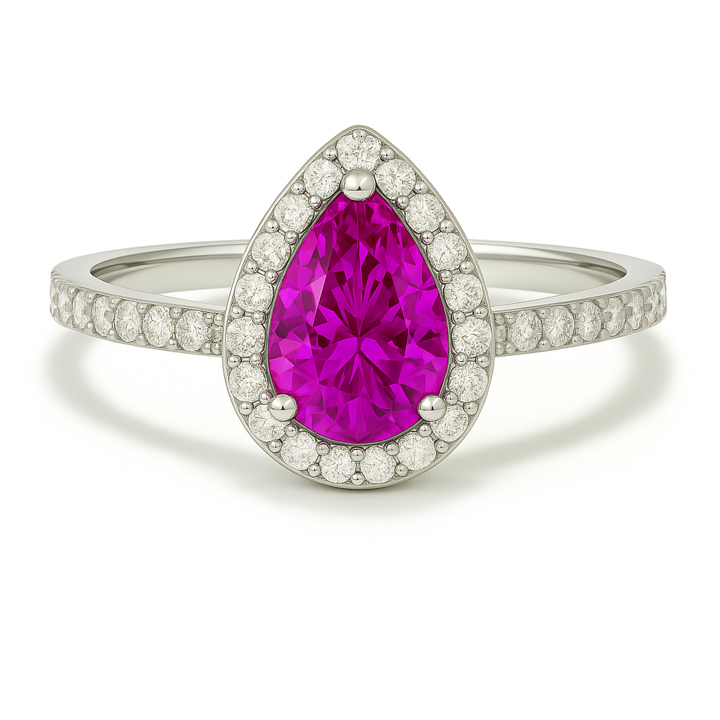 7×5 mm pear-cut purple sapphire ring with Moissanite halo in white-gold-plated 925 silver. Majestic color and timeless elegance. Available now at BSI Jewelry.