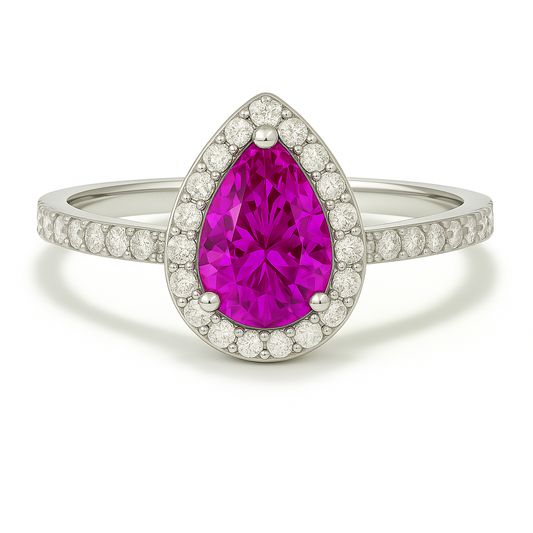 7×5 mm pear-cut purple sapphire ring with Moissanite halo in white-gold-plated 925 silver. Majestic color and timeless elegance. Available now at BSI Jewelry.